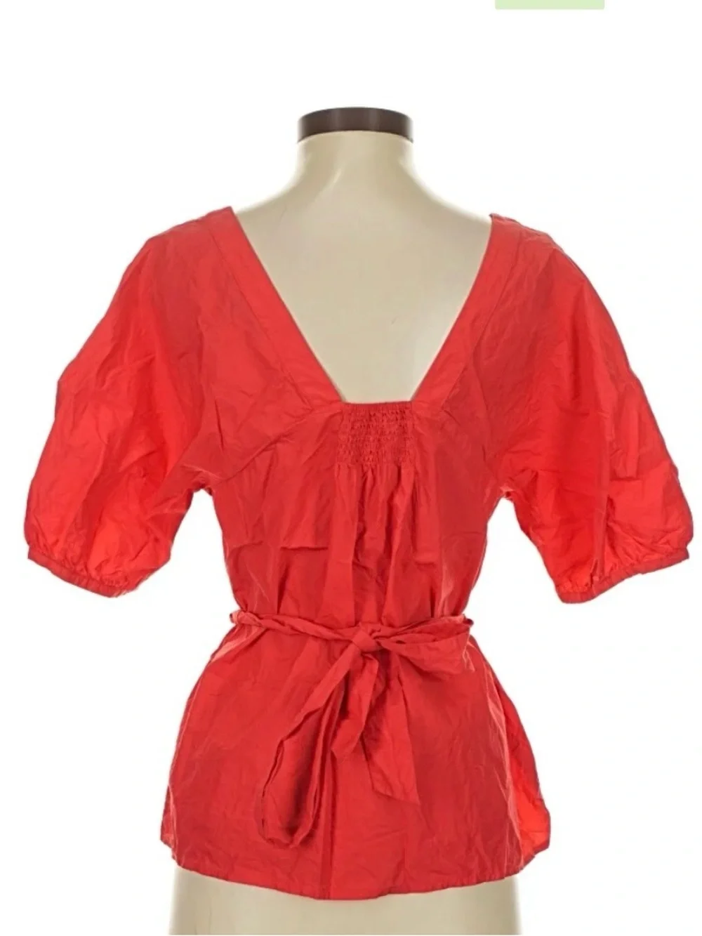 Banana Republic Coral Red V-Neck Puff Sleeve Belted Blouse